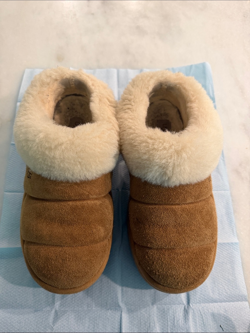 UGG women’s Cozy Suede Shearling-Lined Slippers in Chestnut